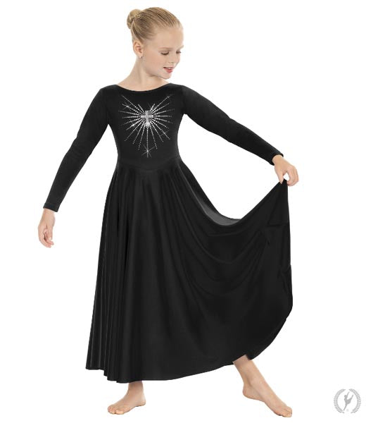 Eurotard 11030C Girls Front Lined Long Sleeve Praise Dress with Rhinestone Radiant Cross Black